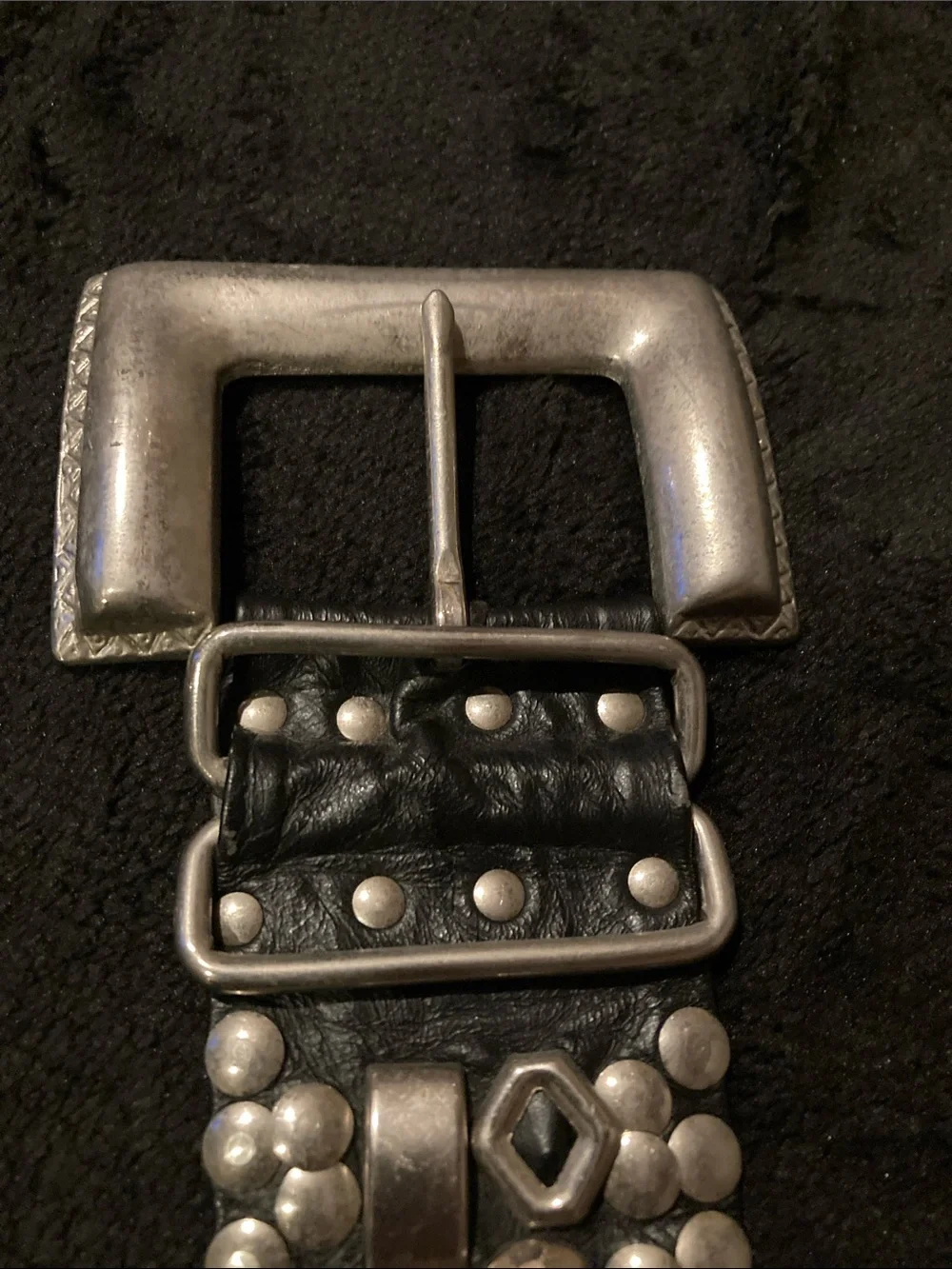 Vintage Black Leather Studded Belt with Silver-Tone Buckle